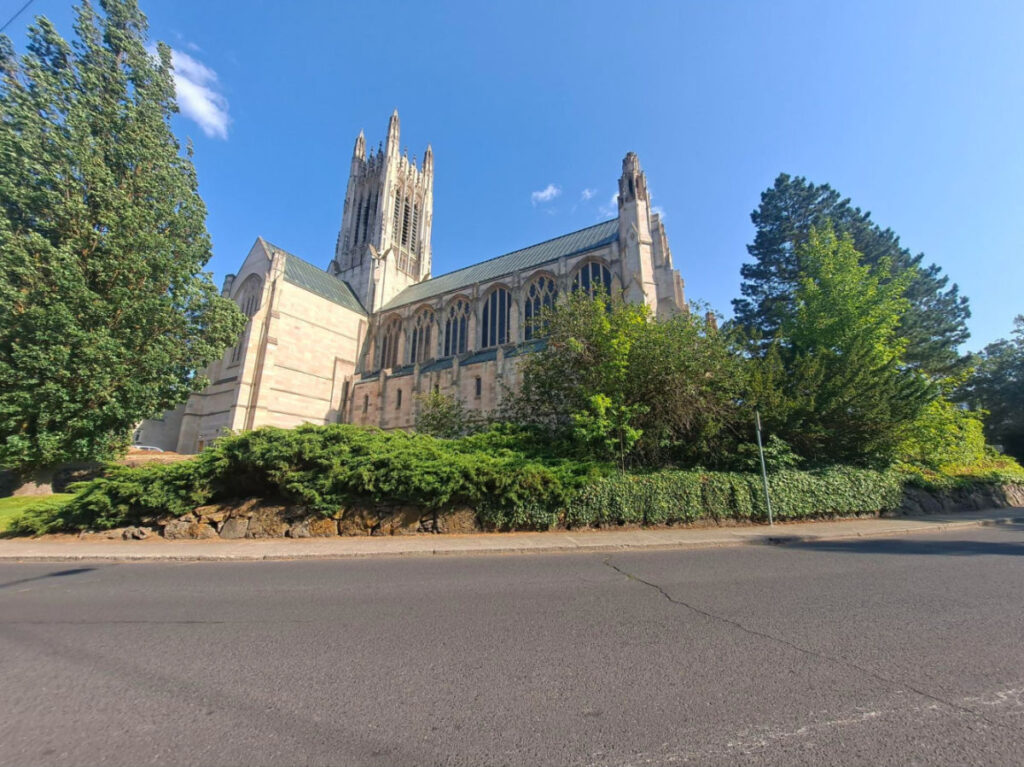 The St. John’s Cathedral in Cliff-Cannon seen from outside surrounded by greeniries