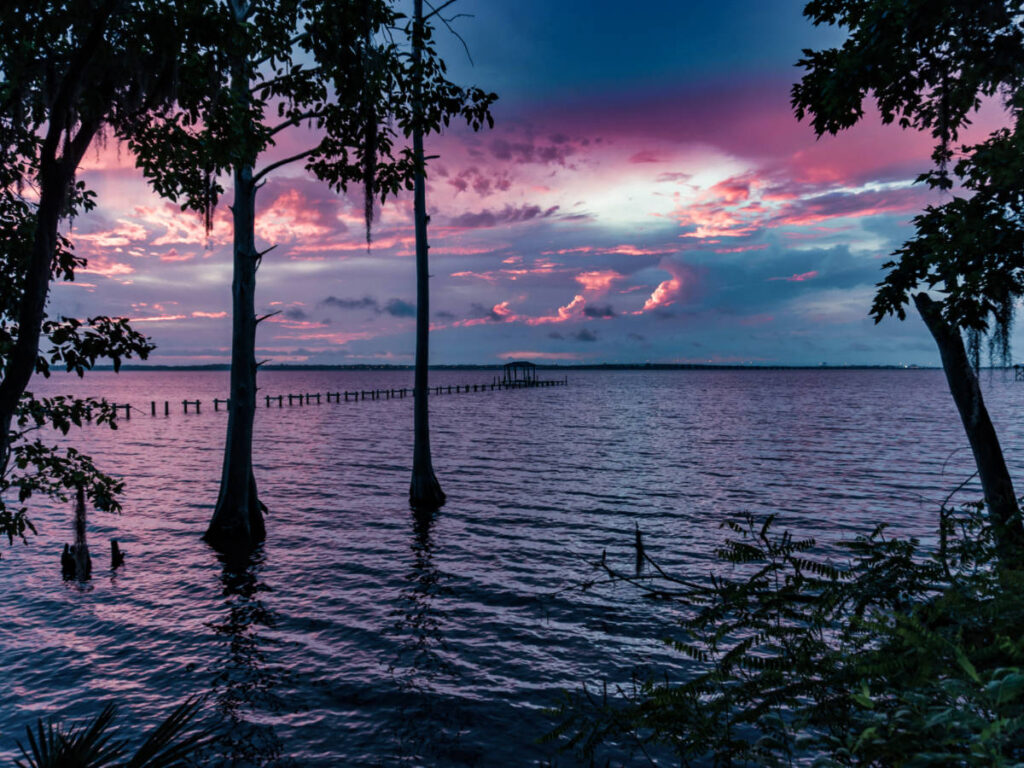 View of the banks of the St. Johns River at dusk
