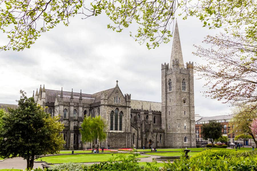 Exterior view of the St. Patrick’s Cathedral surrounded by greenery