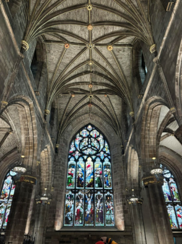 View of the stained glass windows inside the St. Giles Cathedral