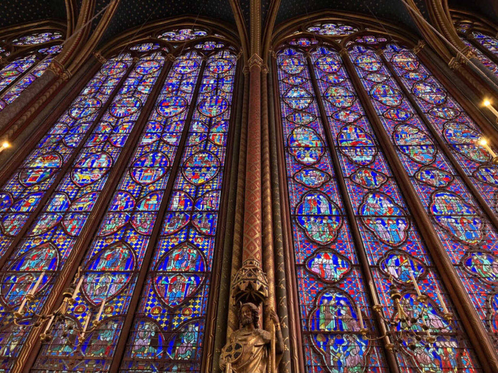 View of the colorful glass windows inside Sainte Chapelle Cathedral