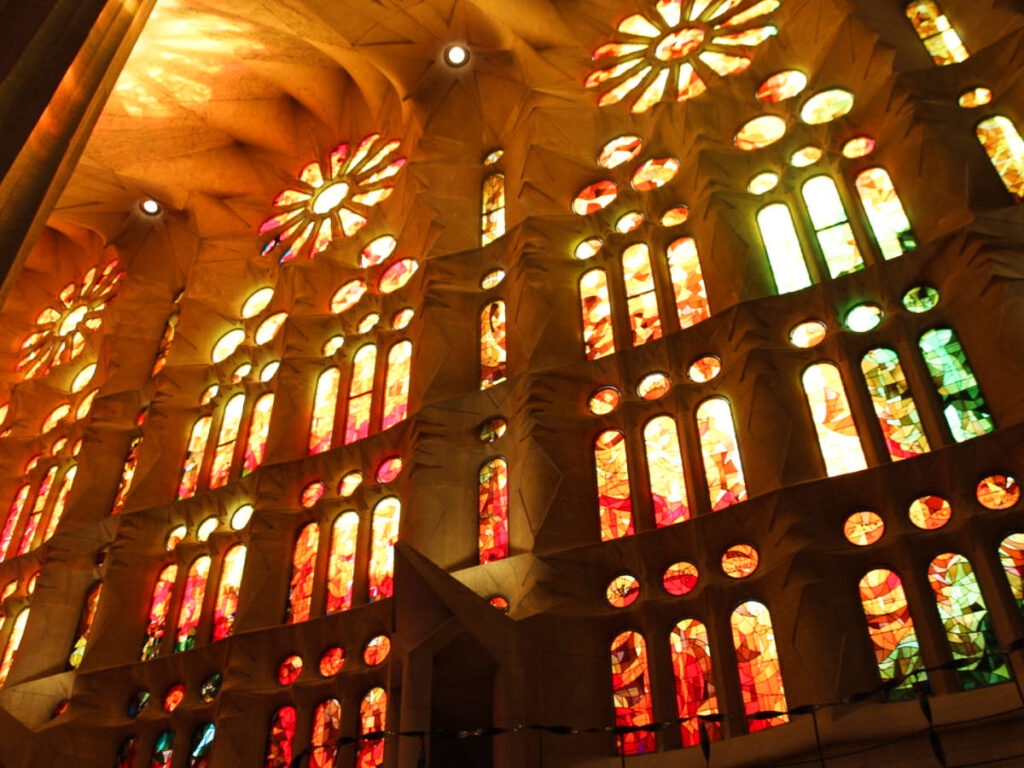 Closeup view of the stained glass windows from the inside of La Sagrada Familia 