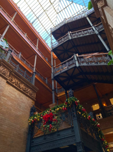 Stairs at Bradbury Building showcasing its grandeur seen from below