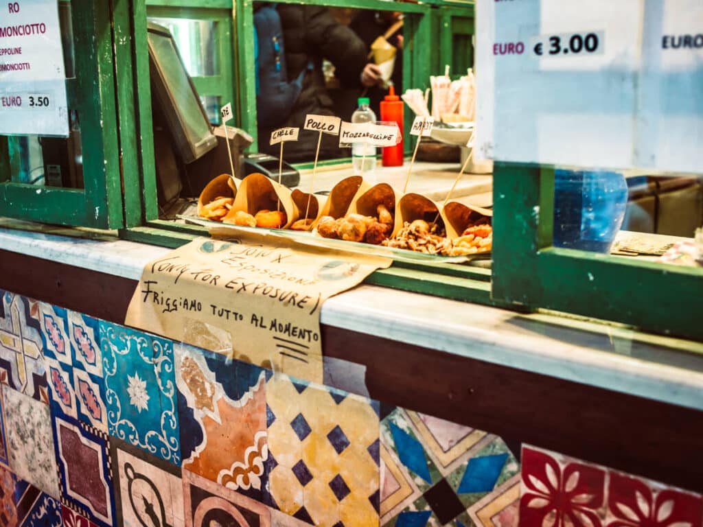 A food stall with deep fried foods at the Naples Street Food