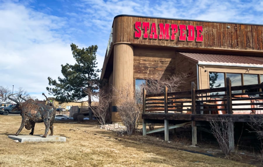 Exterior view of The Stampede Club and a bull statue outside