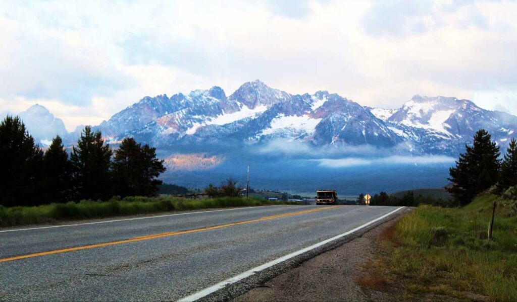 View of a snowy mountain in Stanley, Idaho