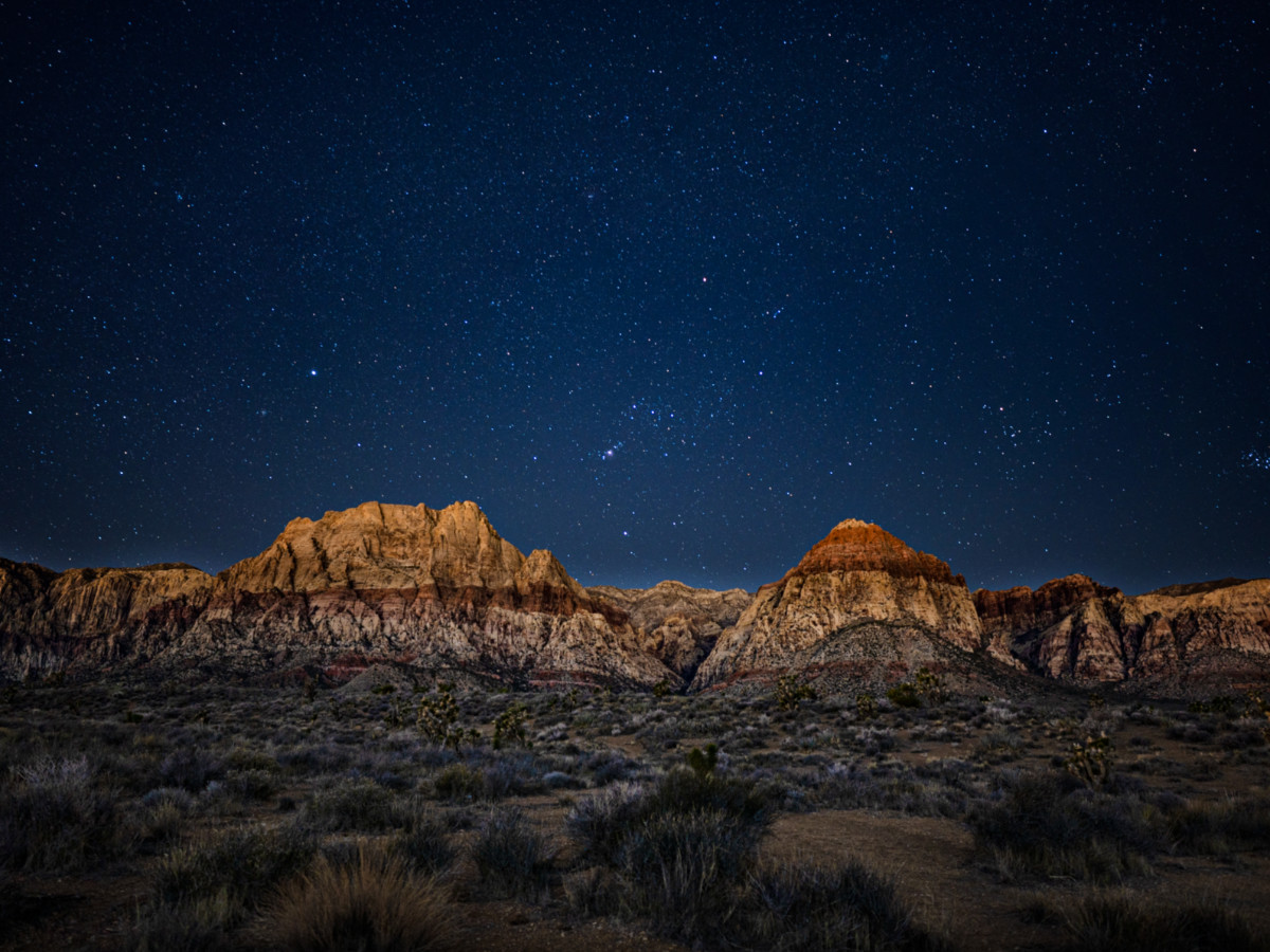 View of the starry sky over the Red Rock Canyon at night