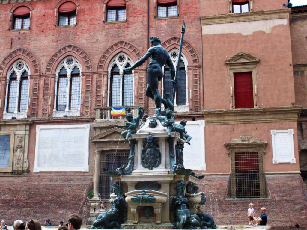 View of the statue at the top of the fountain in the Square of Bologna 