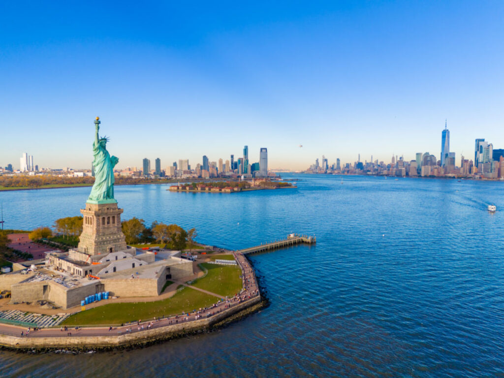 Aerial view of Statue of Liberty in New York