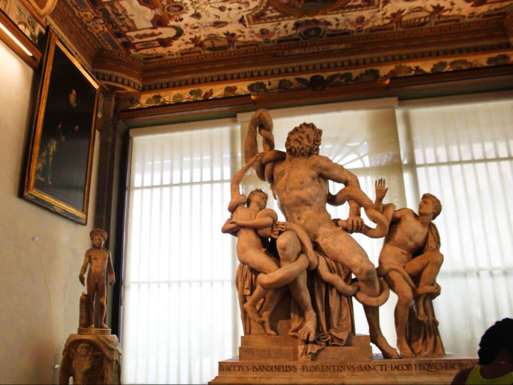 View of the statues inside the Uffizi Gallery in Florence