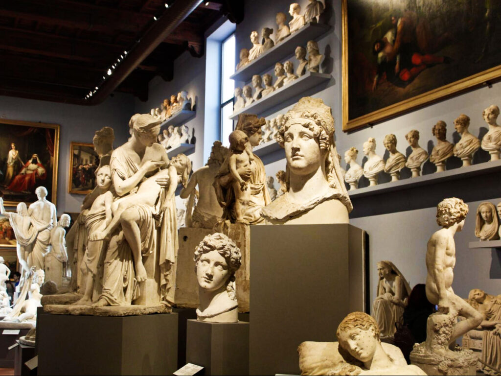 View of the finished and unfinished statues displayed at the Accademia Gallery 