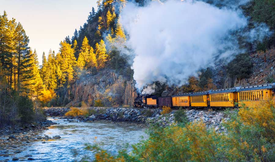 A historic steam engine train travelling from Durango to Silverton