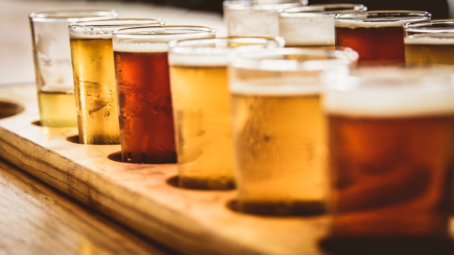 Closeup look to a flight of beers on a serving rack
