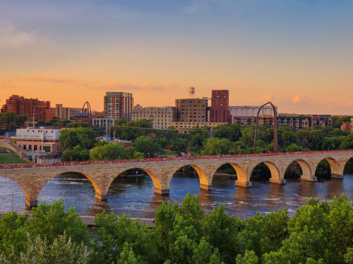 Aerial view of Stone Arch Bridge during sunset