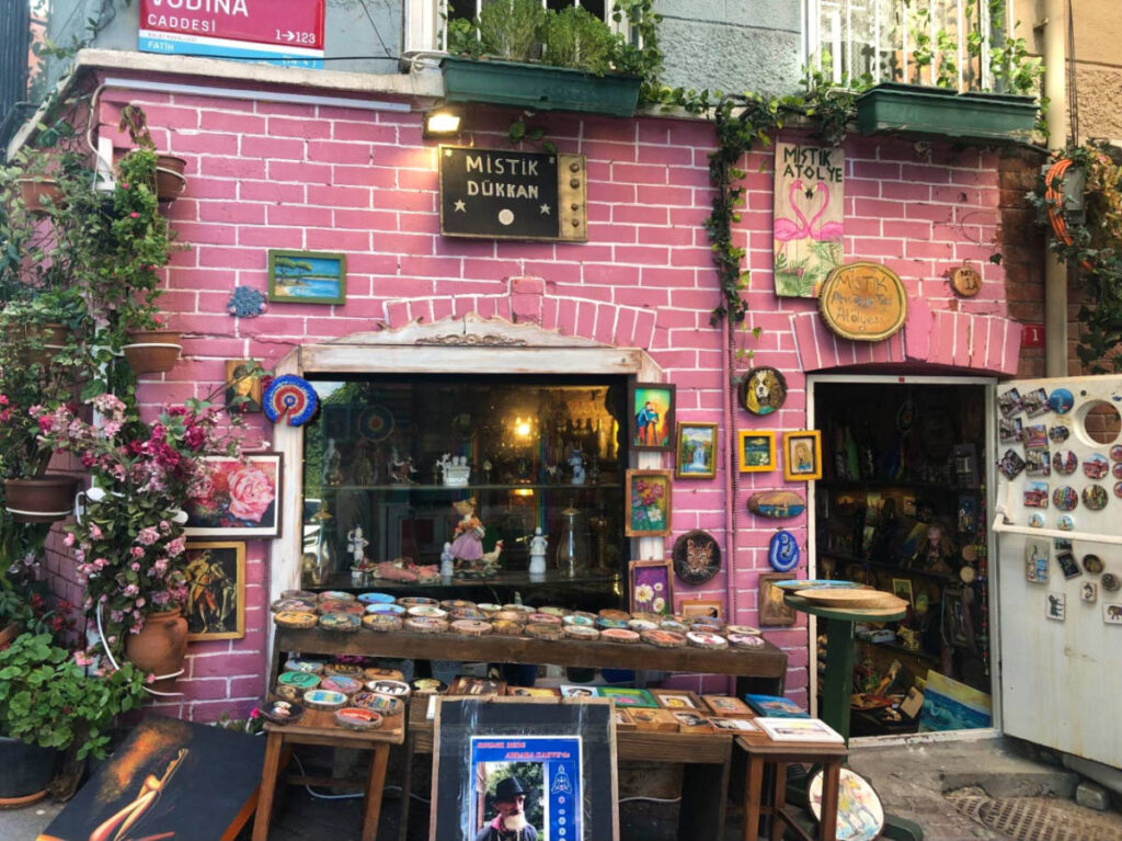 A pink brick Storefront
