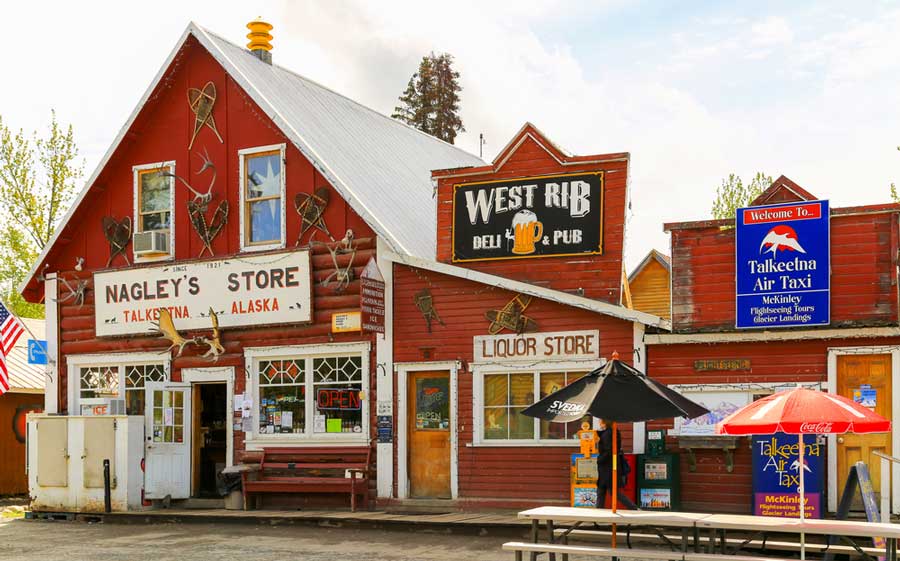 View of stores from the outside in Talkeetna