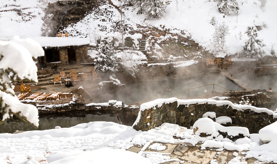 View of the empty Strawberry Park Hot Springs during winter season