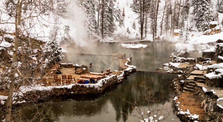 View of the Strawberry Park Hot Springs at winter season