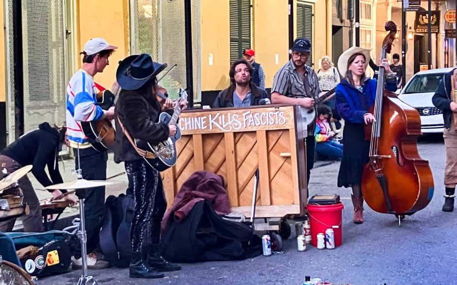 View of the street band performing with their musical instruments in the French Quarter area of New Orleans