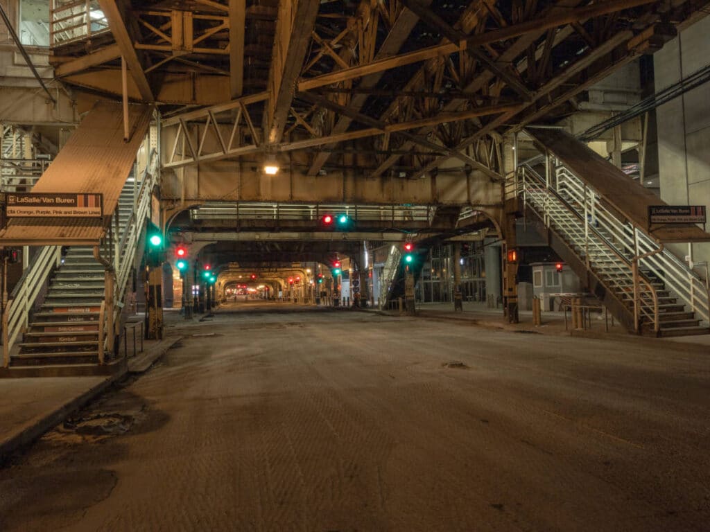 View of an empty street in Chicago at night