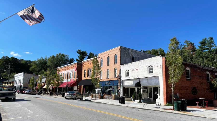 Clear blue sky over a street in Downtown Saluda