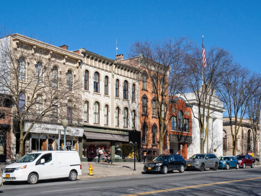 Clear blue sky over Downtown Saratoga Springs