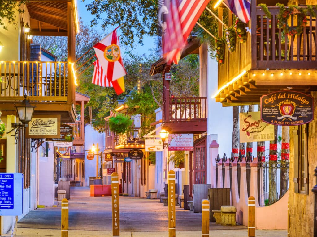View of shops at the St. George Street in St. Augustine at night