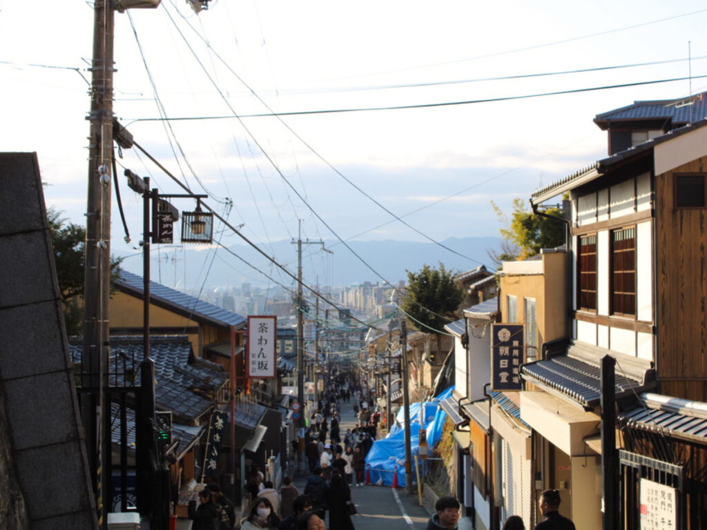 View of the Higashiyama streets filled with people and diverse architecture