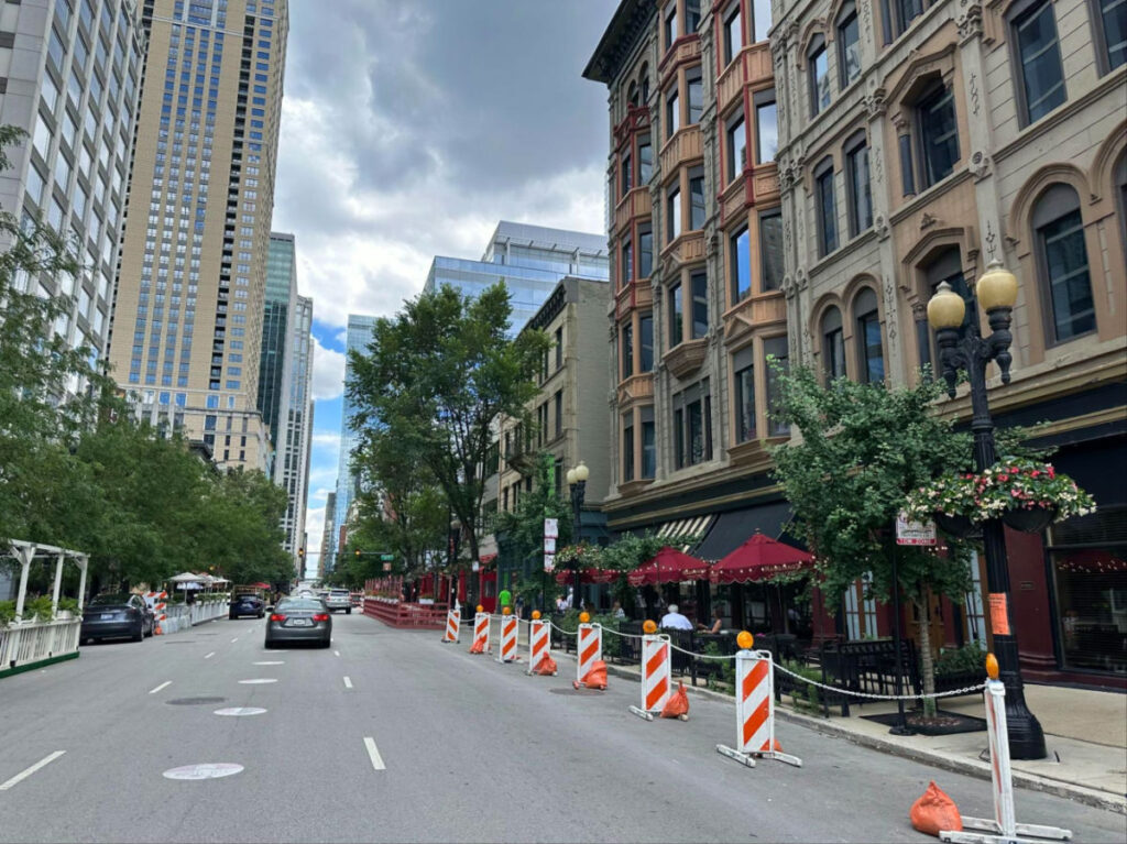 View of the Streets of River North with restaurants lined up on the sides