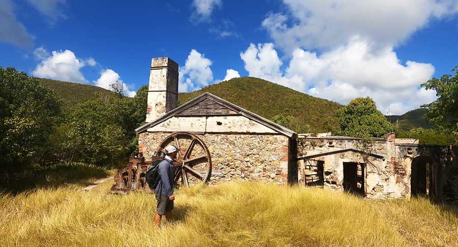 The author in front of Sugar Mill Ruins at Reef Bay