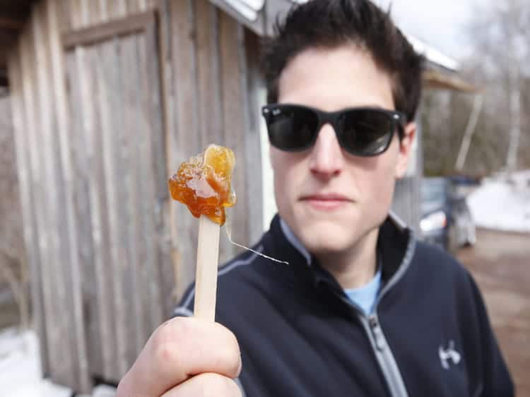Maple syrup on a stick at Sugar Moon Farm in Nova Scotia