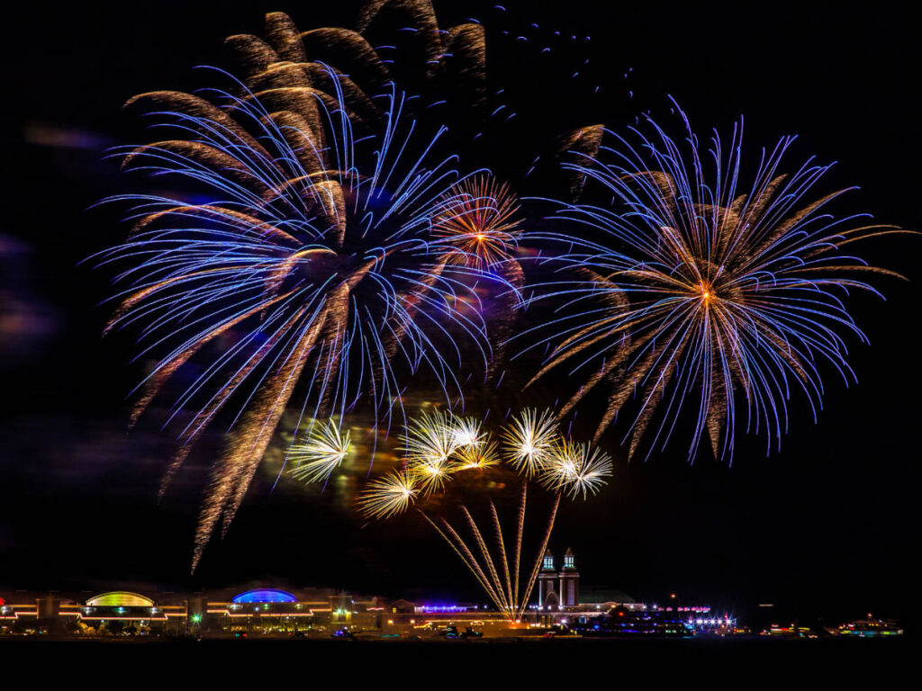 Colorful fireworks over Navy Pier at night