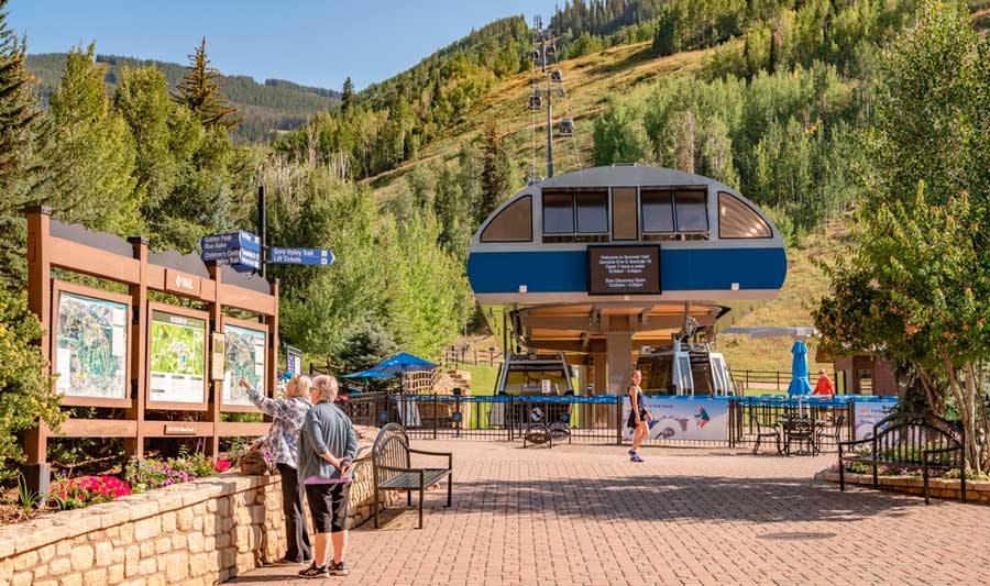 View of people and gondola in Vail and the mountain view
