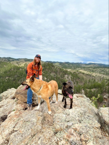 A man with his dogs on a summit in Custer State Park