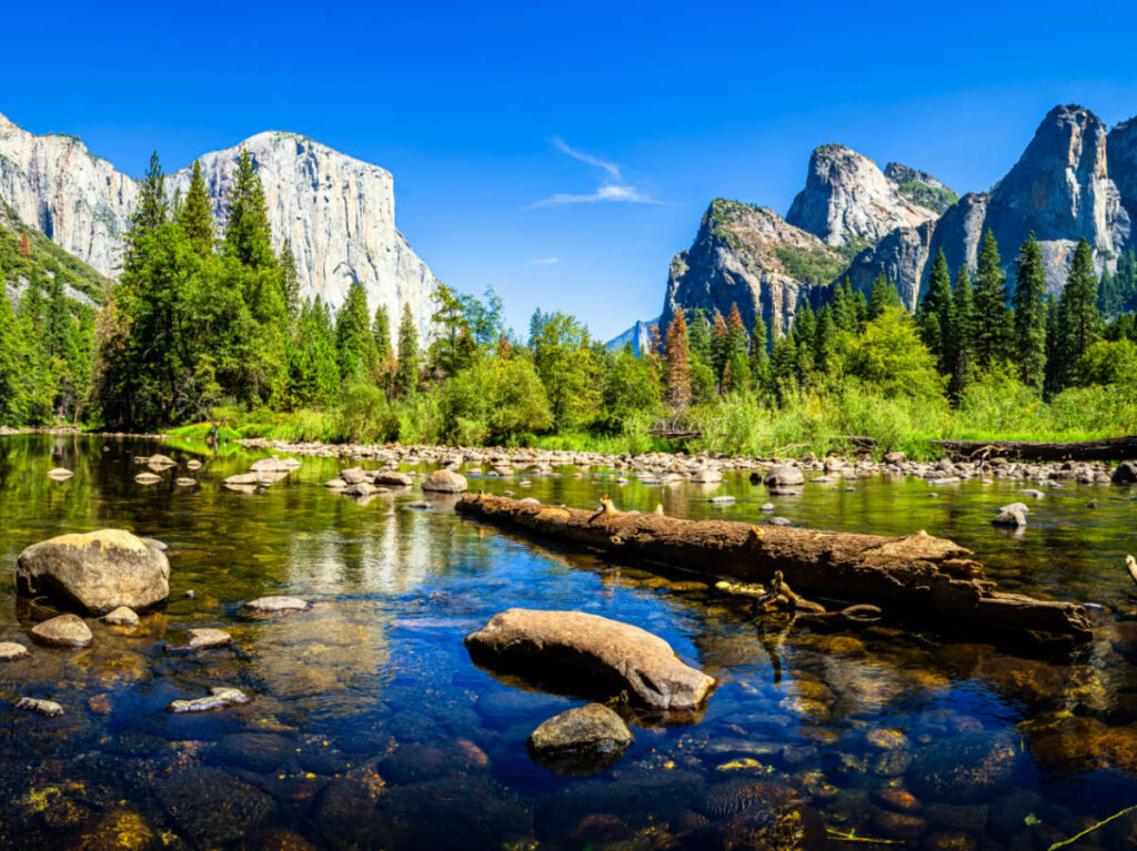 Panoramic view of the rock mountains and greenery around the water in Yosemite National Park