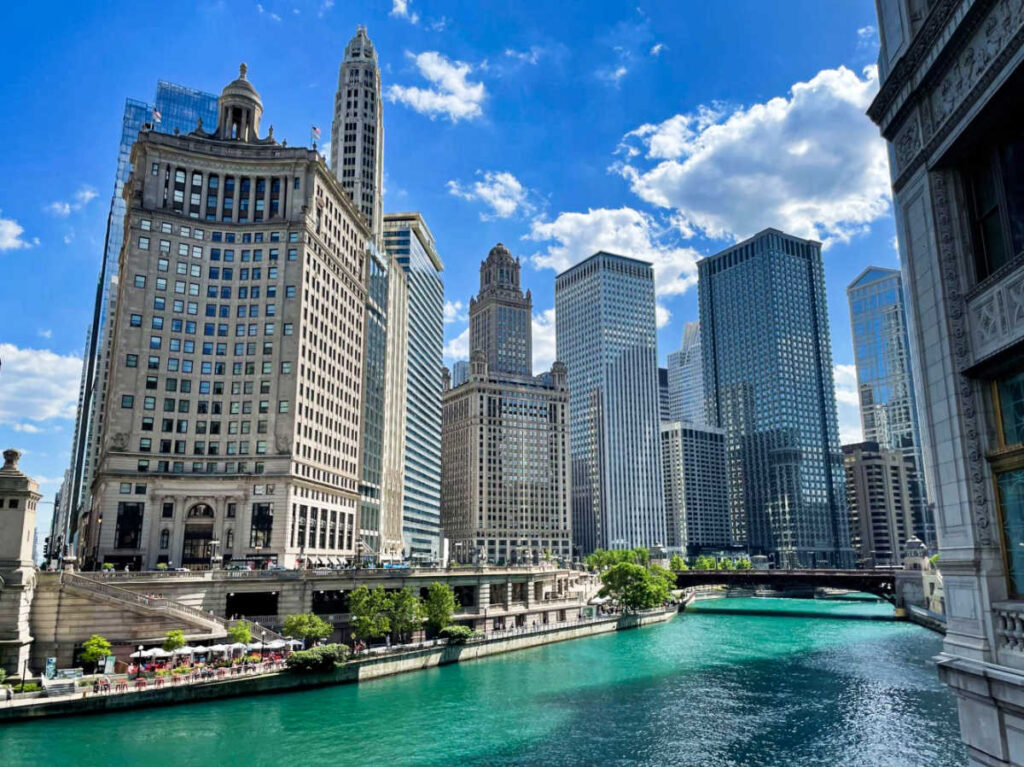 View of the Chicago skyline and river on a sunny day