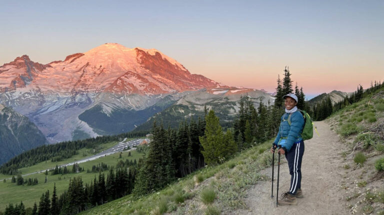 The author Chelsea Booker during her hiking trip in Mount Rainier National Park