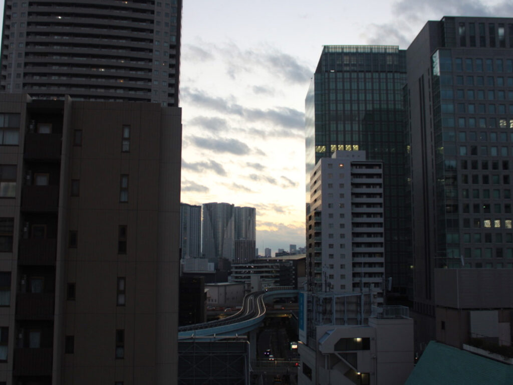 Buildings seen from a hotel rooftop in Tokyo during the early morning