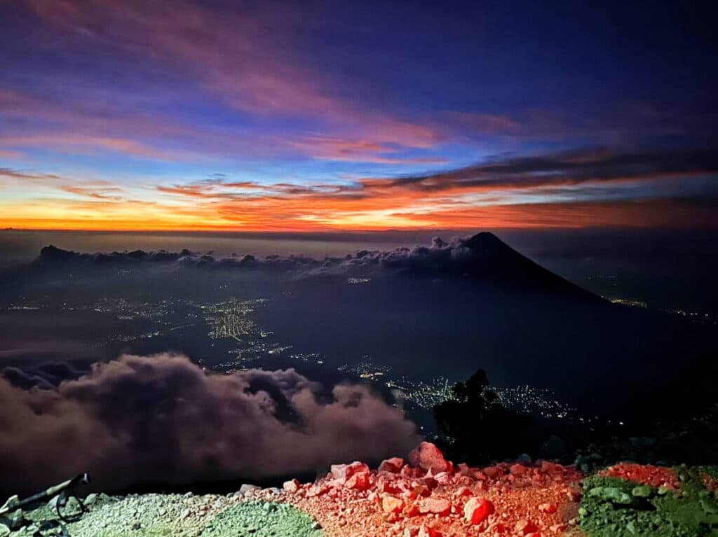 View of the sunrise starting during the hike to the summit of Acatenango