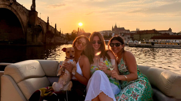 The author Meera Devotta and her friends at a sunset cruise on The Wine Boat
