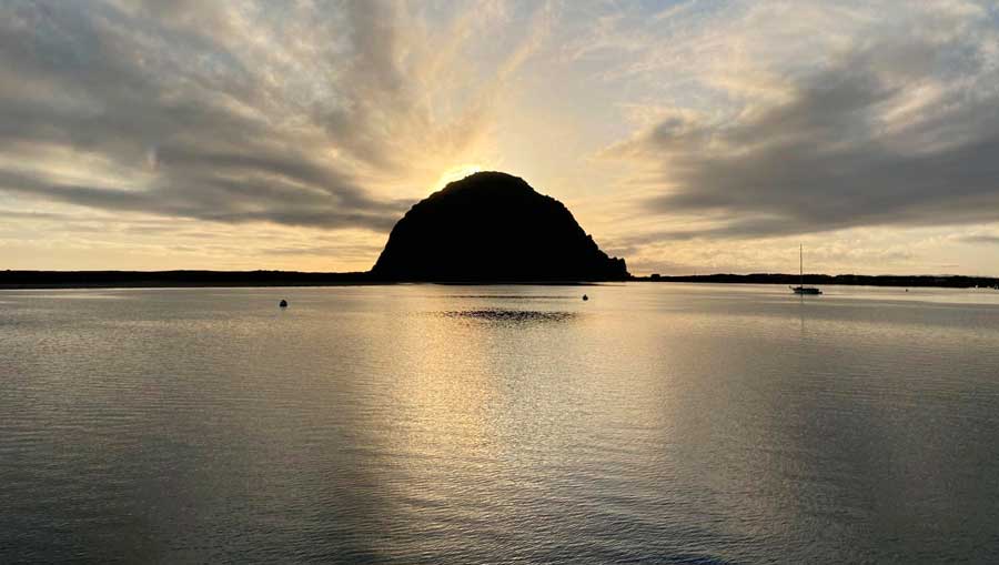 View of the Morro Rock during sunset in Morro Bay