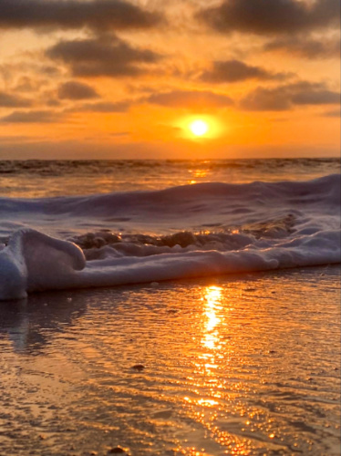Scenic view of the orangey sunset over the waves of Venice Beach