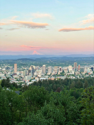 Aerial view of the cityscape of Portland at sunset