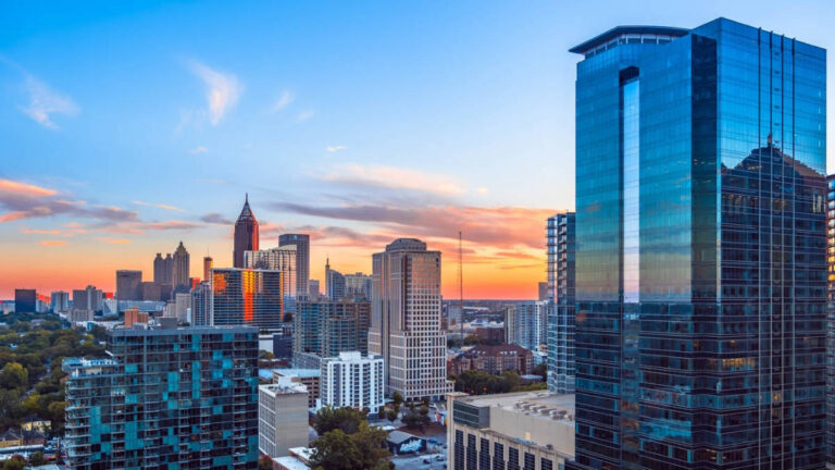 Scenic view of the Downtown Atlanta Skyline at sunset