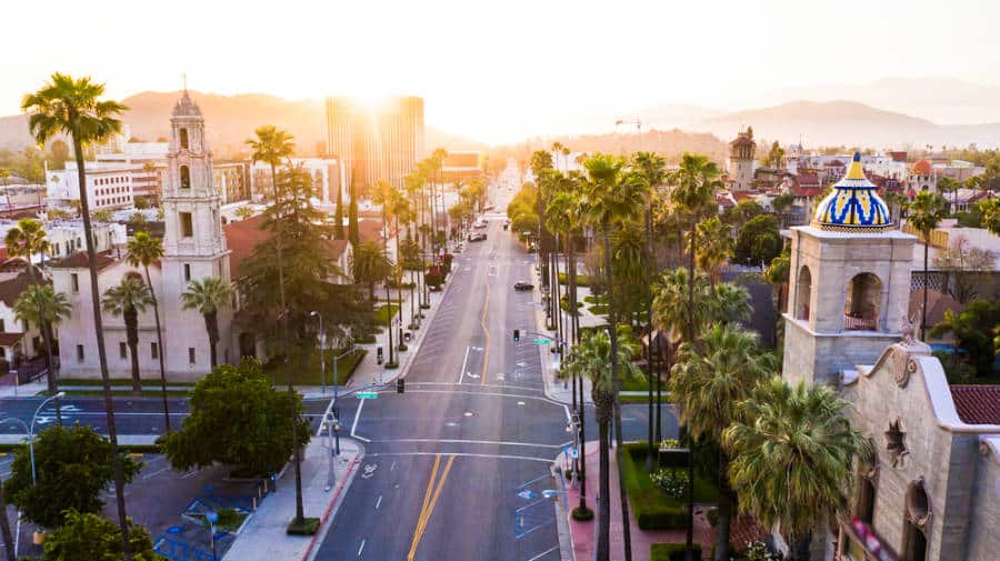 Aerial view of the historic downtown Riverside at sunset