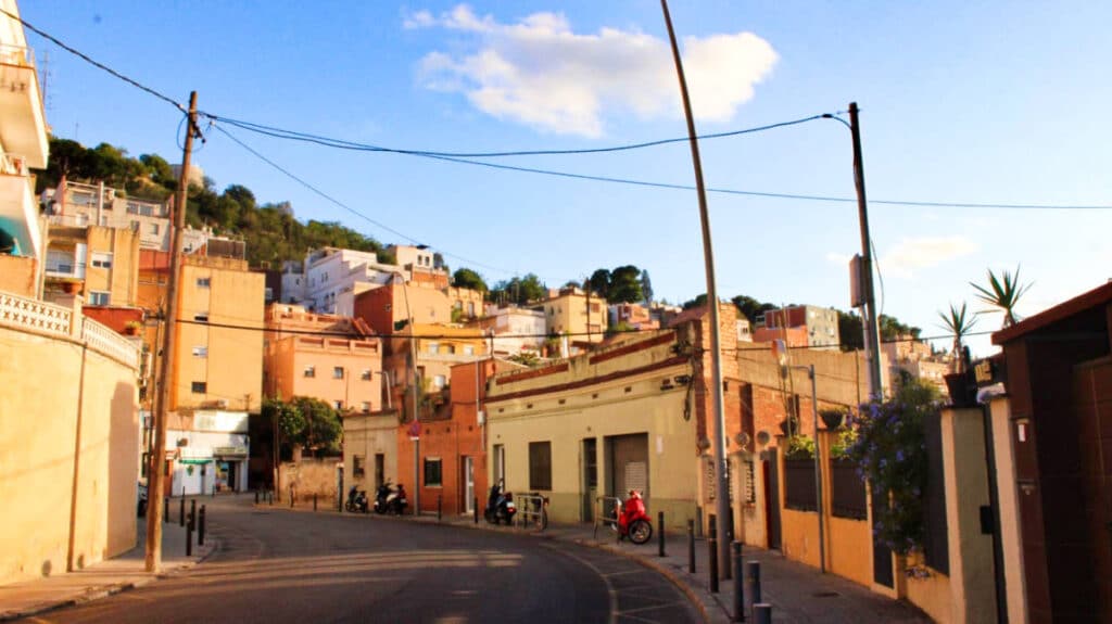 View of the empty street of Gracia neighborhood at sunset