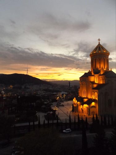 The Holy Trinity Cathedral during sunset in Tbilisi, Georgia