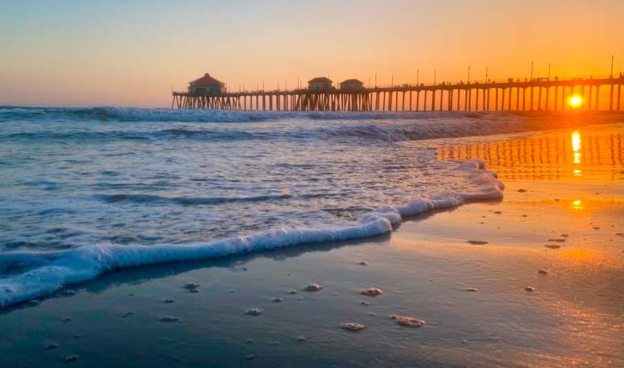View from the Huntington Beach during sunset in California