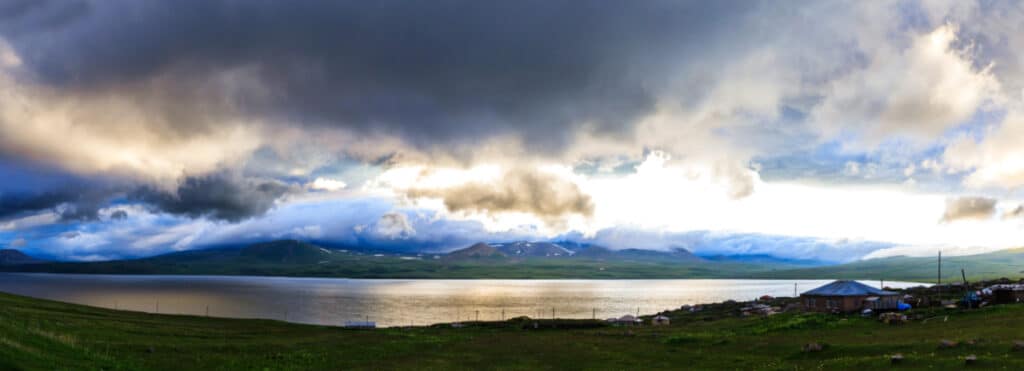 Panoramic view of the Lake Paravani at sunset