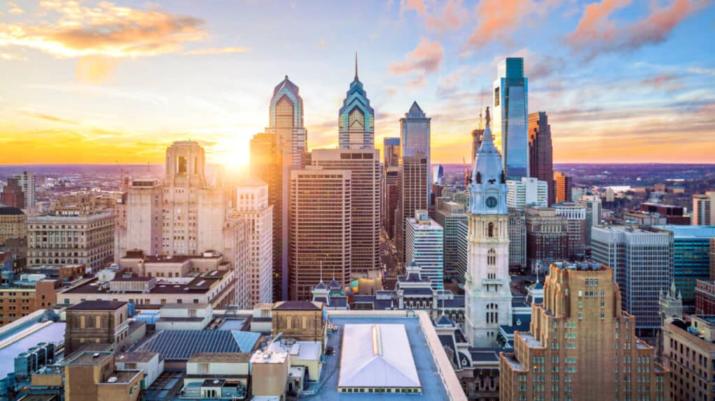 View of the Philadelphia skyline at sunset